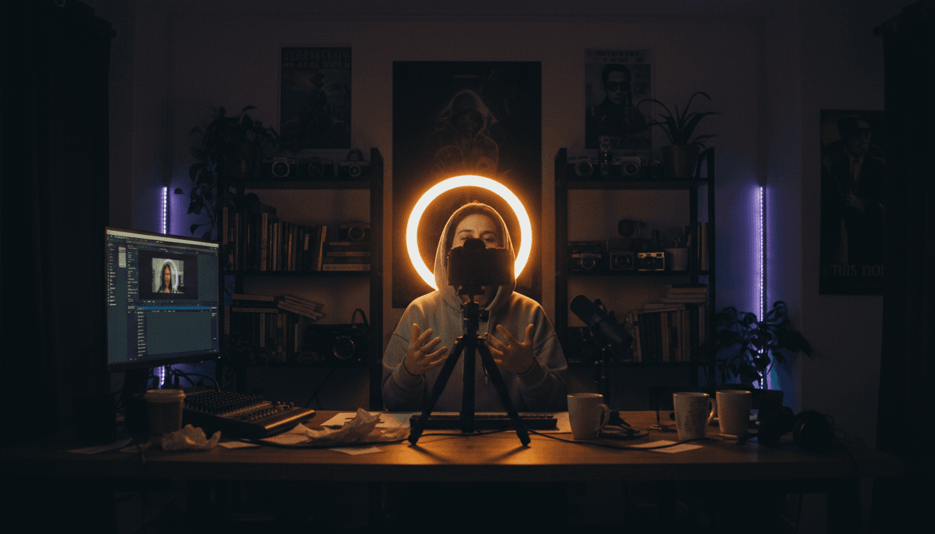 Content creator recording video in home studio setup
