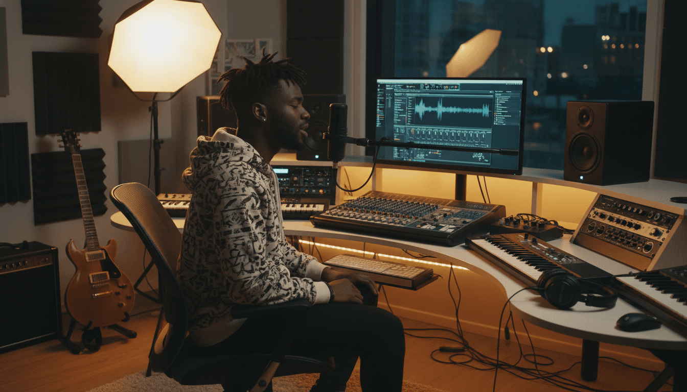 Young African creator recording music in a modern home studio setup