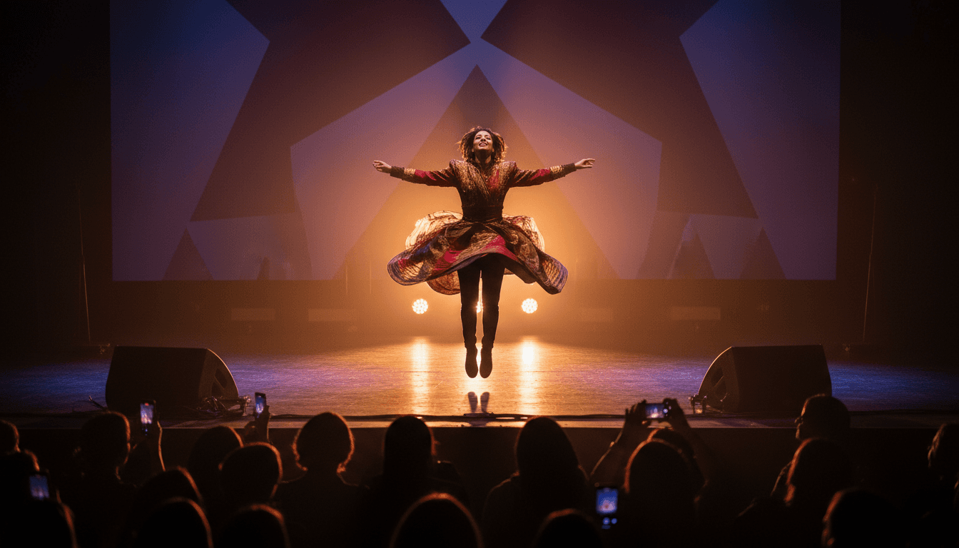 Performer on stage under spotlights engaging with live audience
