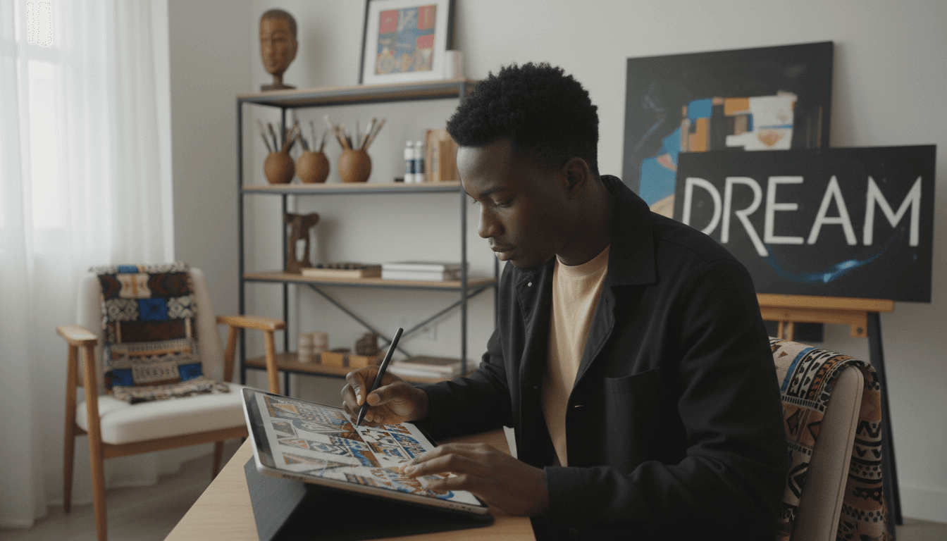 Digital artist creating artwork on tablet at desk
