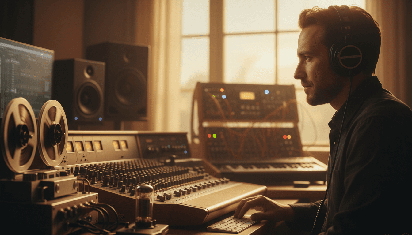 Music producer at studio desk with headphones and mixing equipment