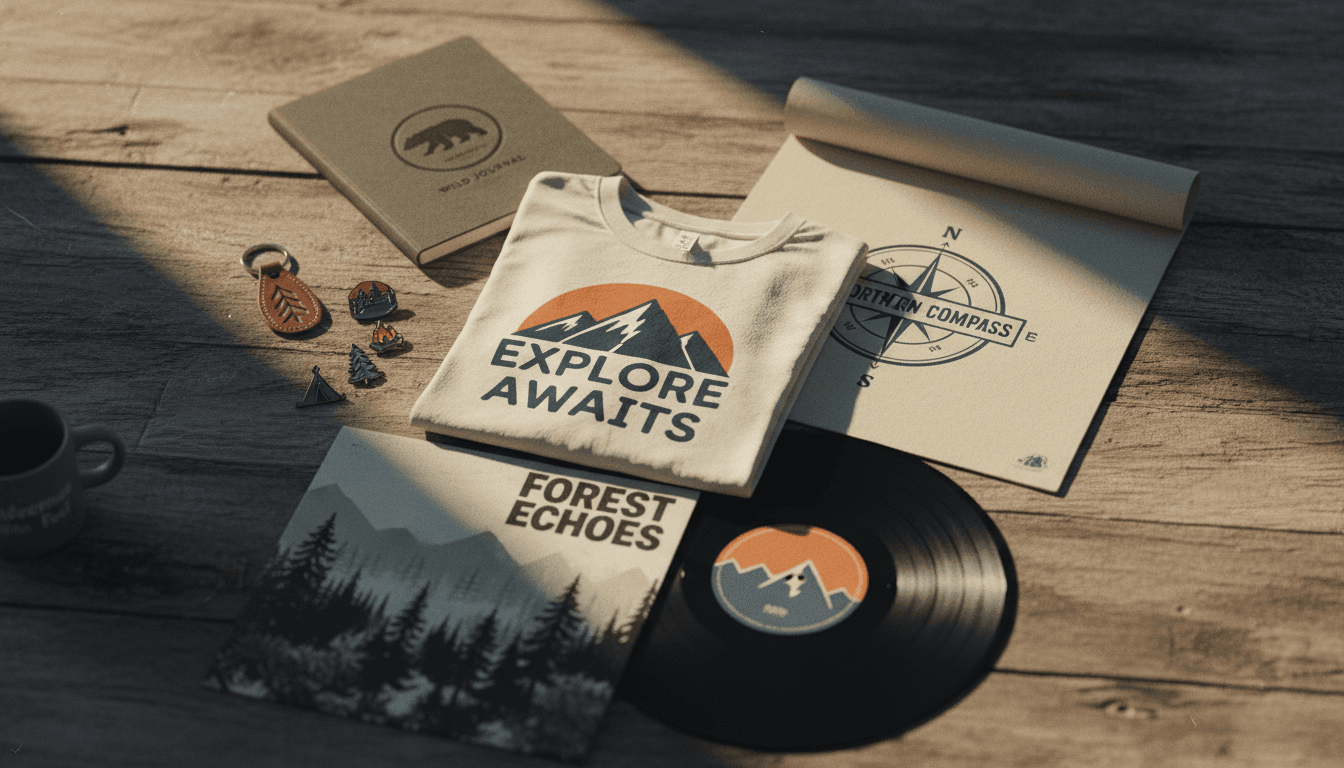 Flat-lay of branded merchandise including t-shirt, poster, vinyl record, and accessories