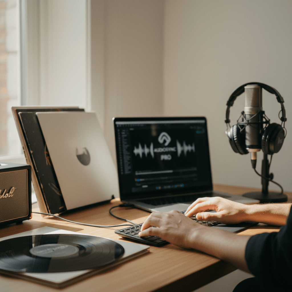 Creator working in modern home studio with music production setup