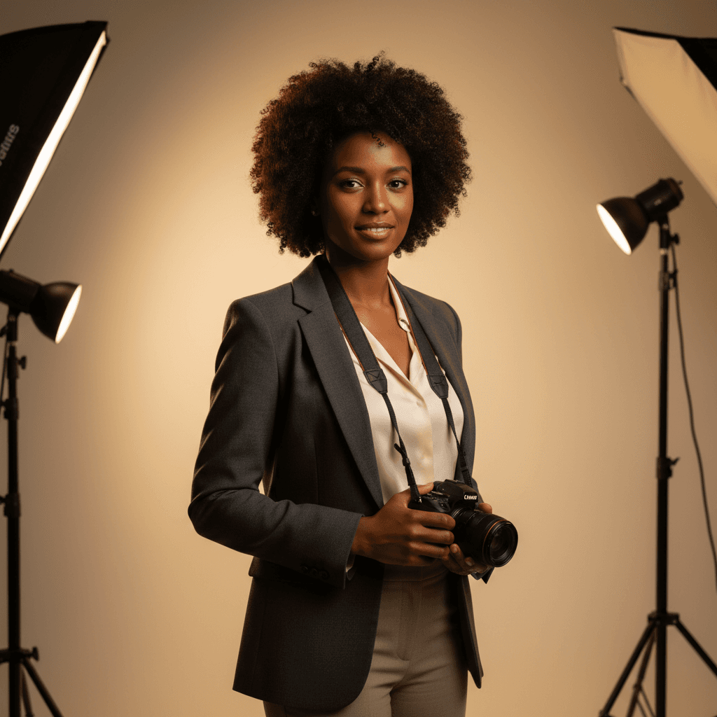 Professional female photographer portrait with studio lighting and gradient backdrop