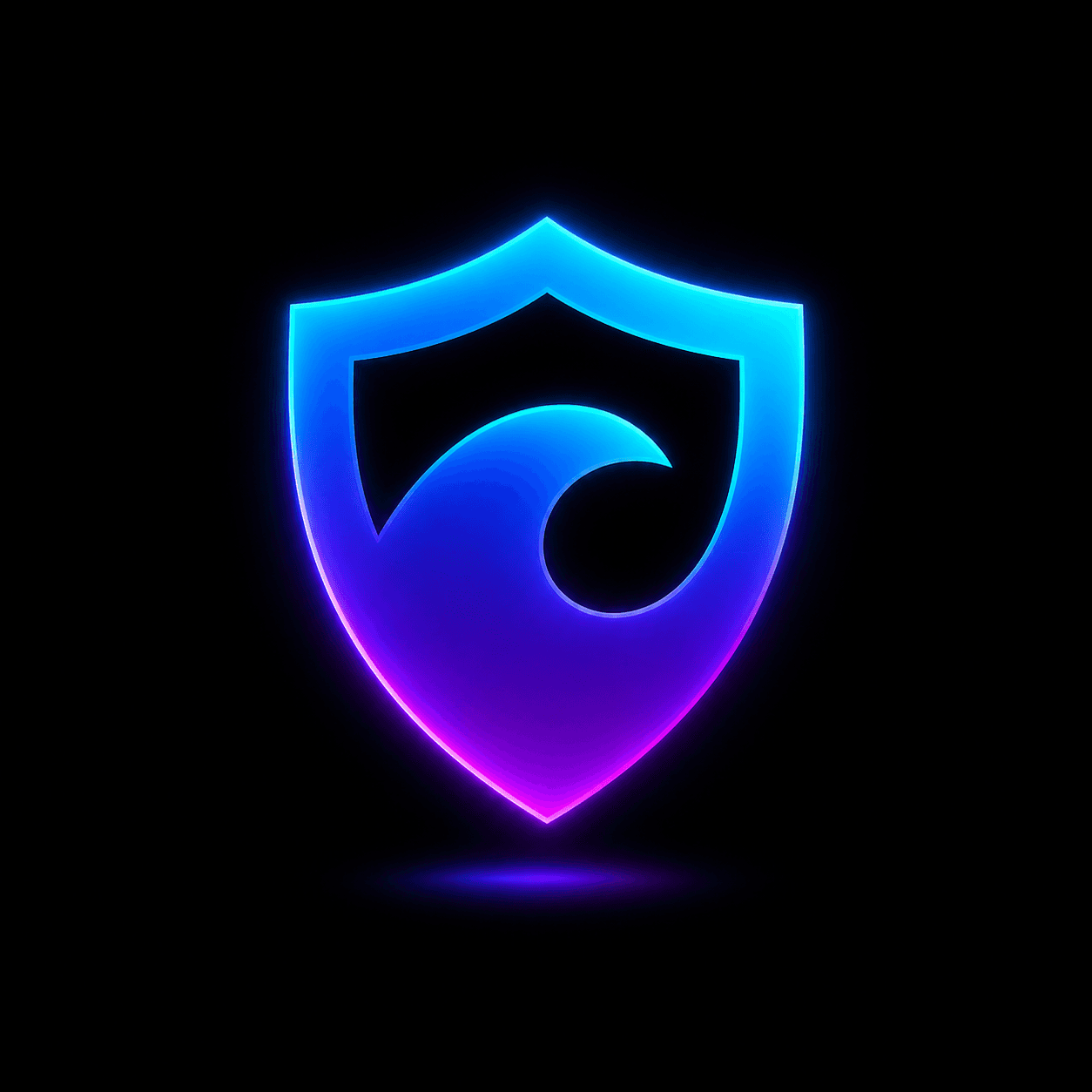 Neon blue and purple glowing shield icon with a wave symbol on a black background.