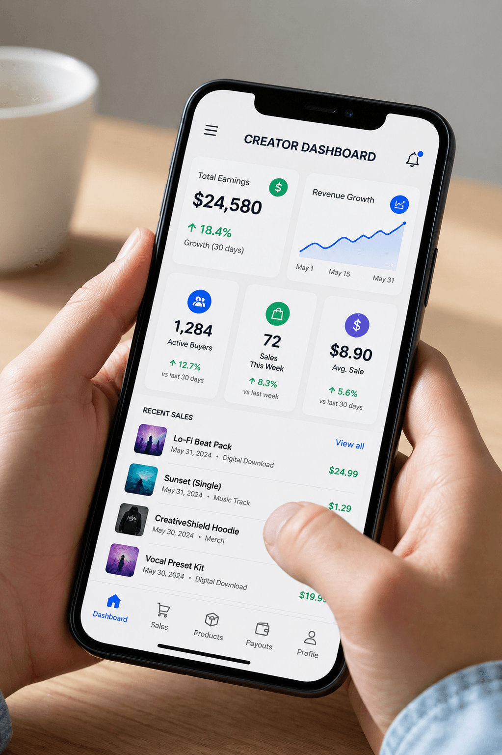 Hands holding a smartphone displaying a creator dashboard with earnings, growth charts, and recent sales.