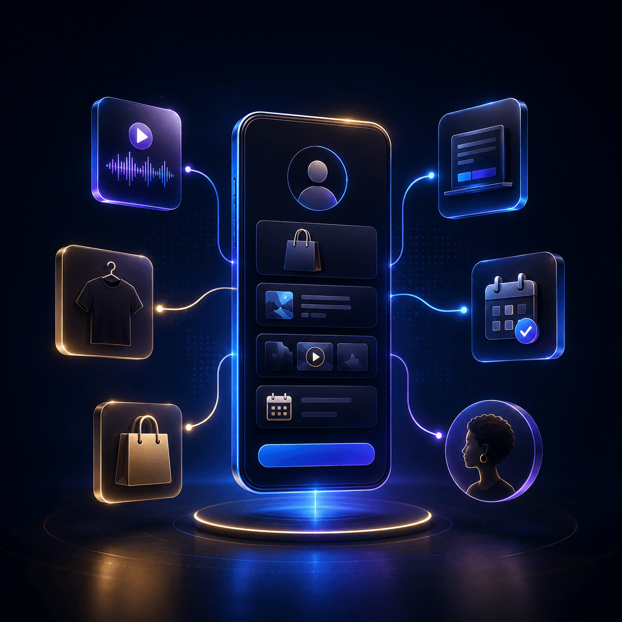 Futuristic smartphone interface surrounded by glowing neon icons for shopping, media, and digital scheduling.