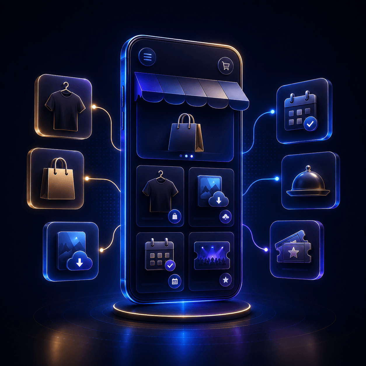Neon smartphone interface featuring floating 3D icons for shopping, dining, and event booking services.
