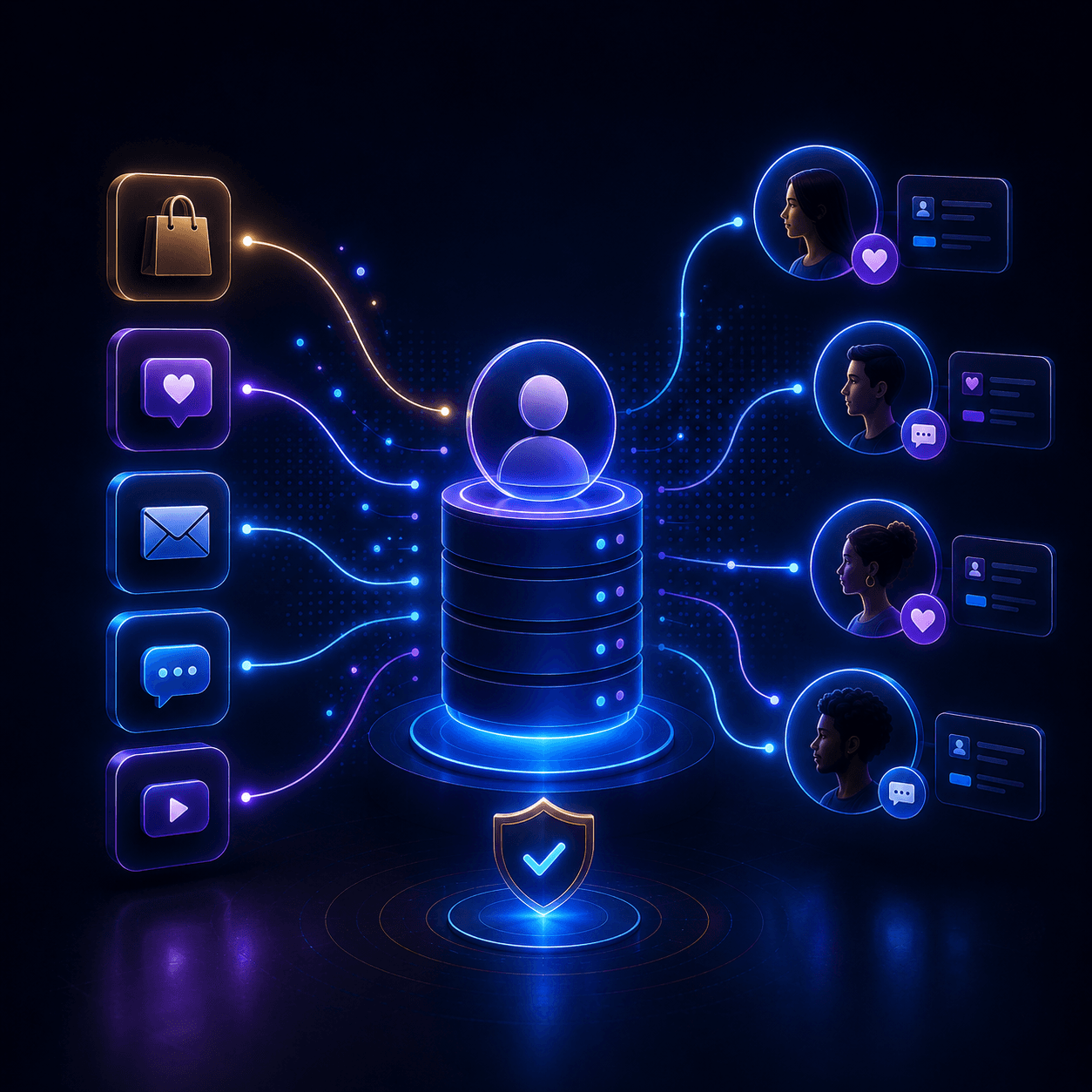 Glowing digital network connecting a central database to app icons, user profiles, and security shield.