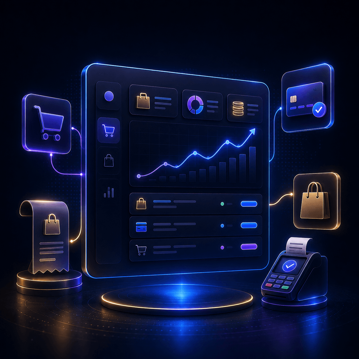 Neon digital dashboard displaying e-commerce analytics, sales charts, shopping icons, and a payment terminal.