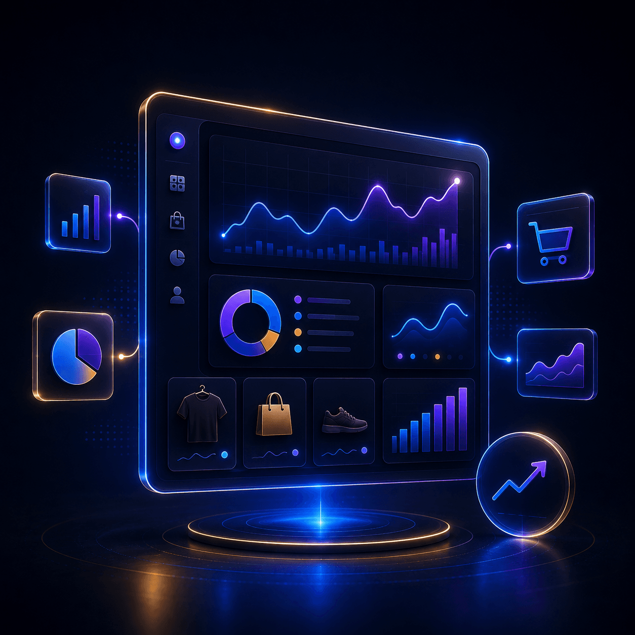Futuristic e-commerce analytics dashboard featuring glowing neon charts, graphs, and various shopping icons.