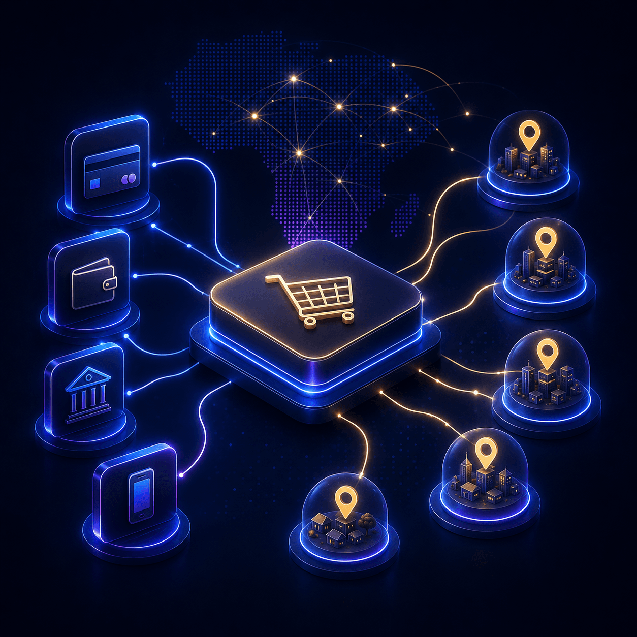Glowing shopping cart connecting payment icons and city locations over a dotted map of Africa.