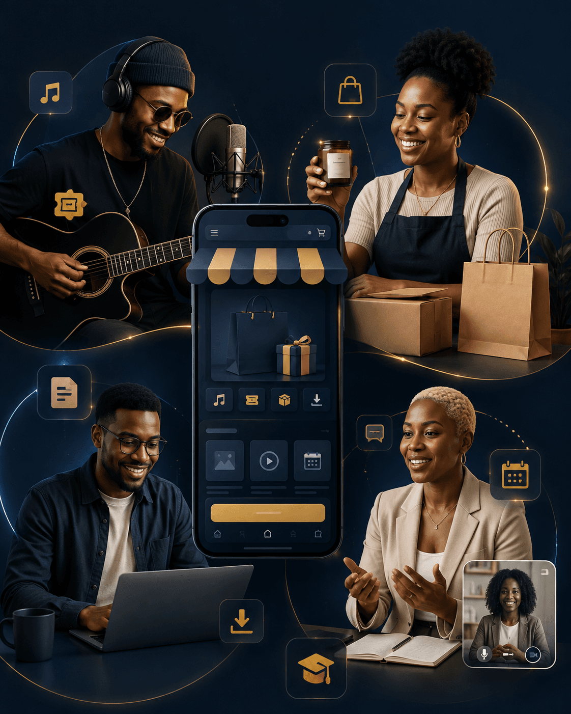 Diverse creators and professionals connected by a central smartphone app for commerce and digital services.