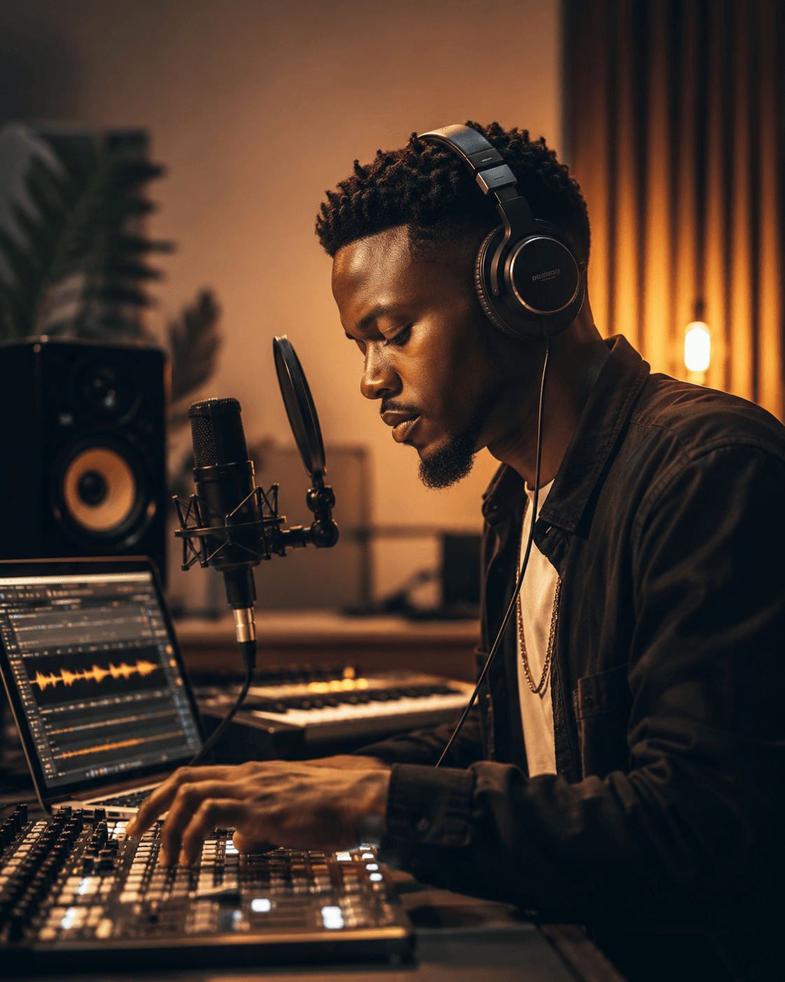 A man wearing headphones works at a mixing console in a professional music recording studio.
