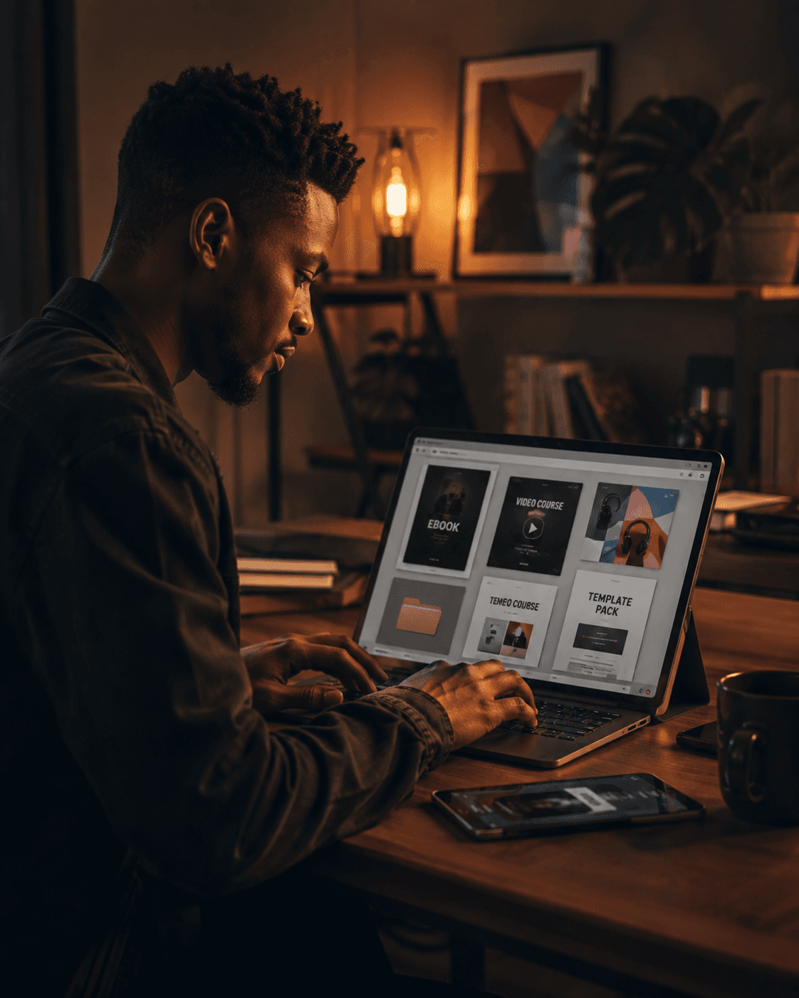 Focused man using a laptop displaying digital products in a warm, dimly lit room.