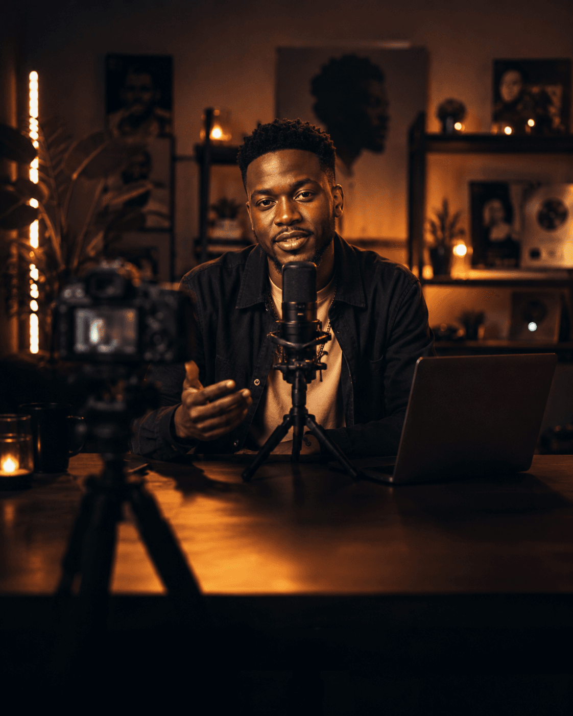 Black man recording a podcast with a microphone and camera in a warm, professional studio.