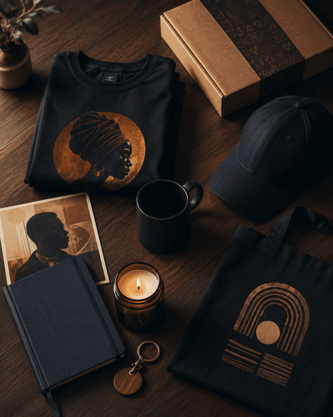 Black and gold merchandise featuring portrait art and geometric designs on a dark wooden table.