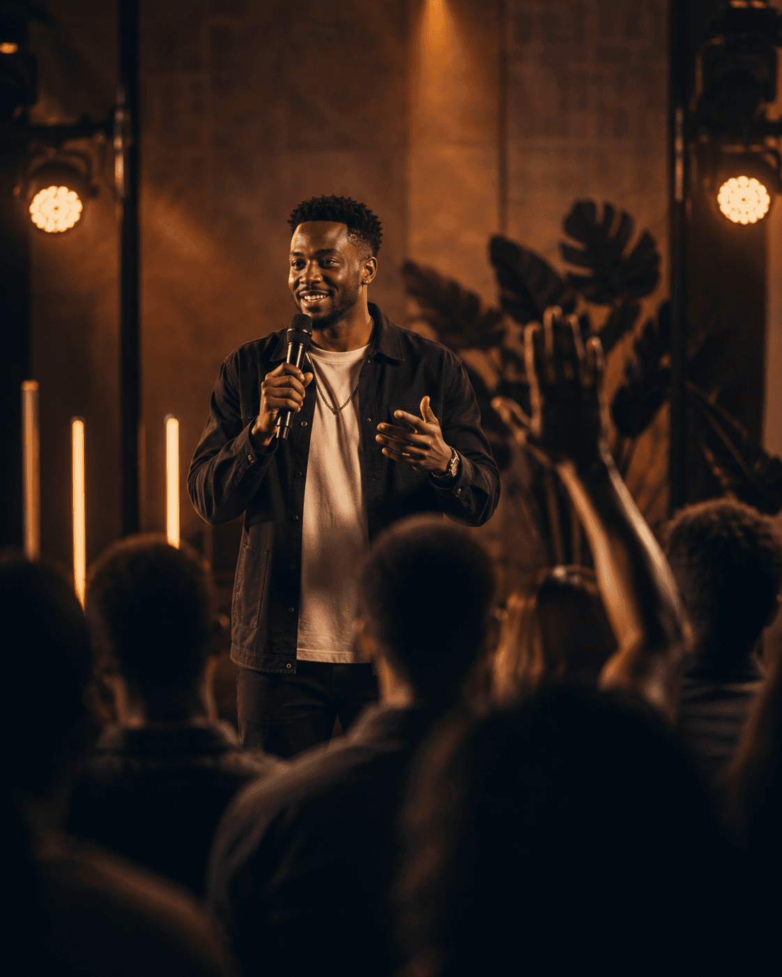 Smiling Black man speaks into a microphone on stage as an audience member raises their hand.