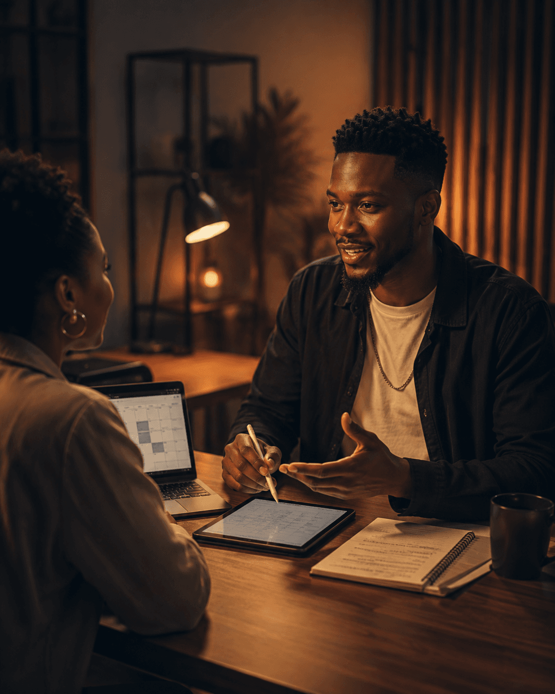 Man and woman collaborate at a desk with a laptop and tablet in warm lighting.