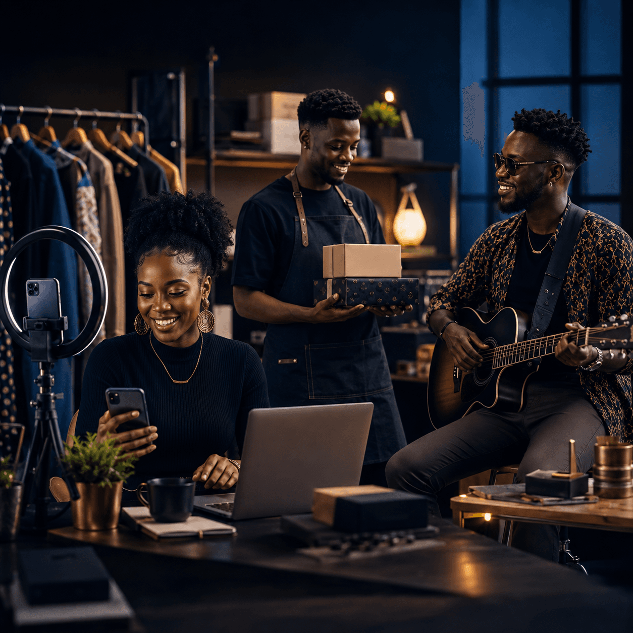 Three Black entrepreneurs collaborate in a studio with a ring light, packages, and a guitar.
