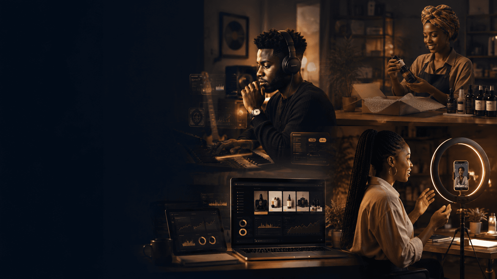 Black entrepreneurs managing music production, e-commerce, and content creation using digital tools and analytics.