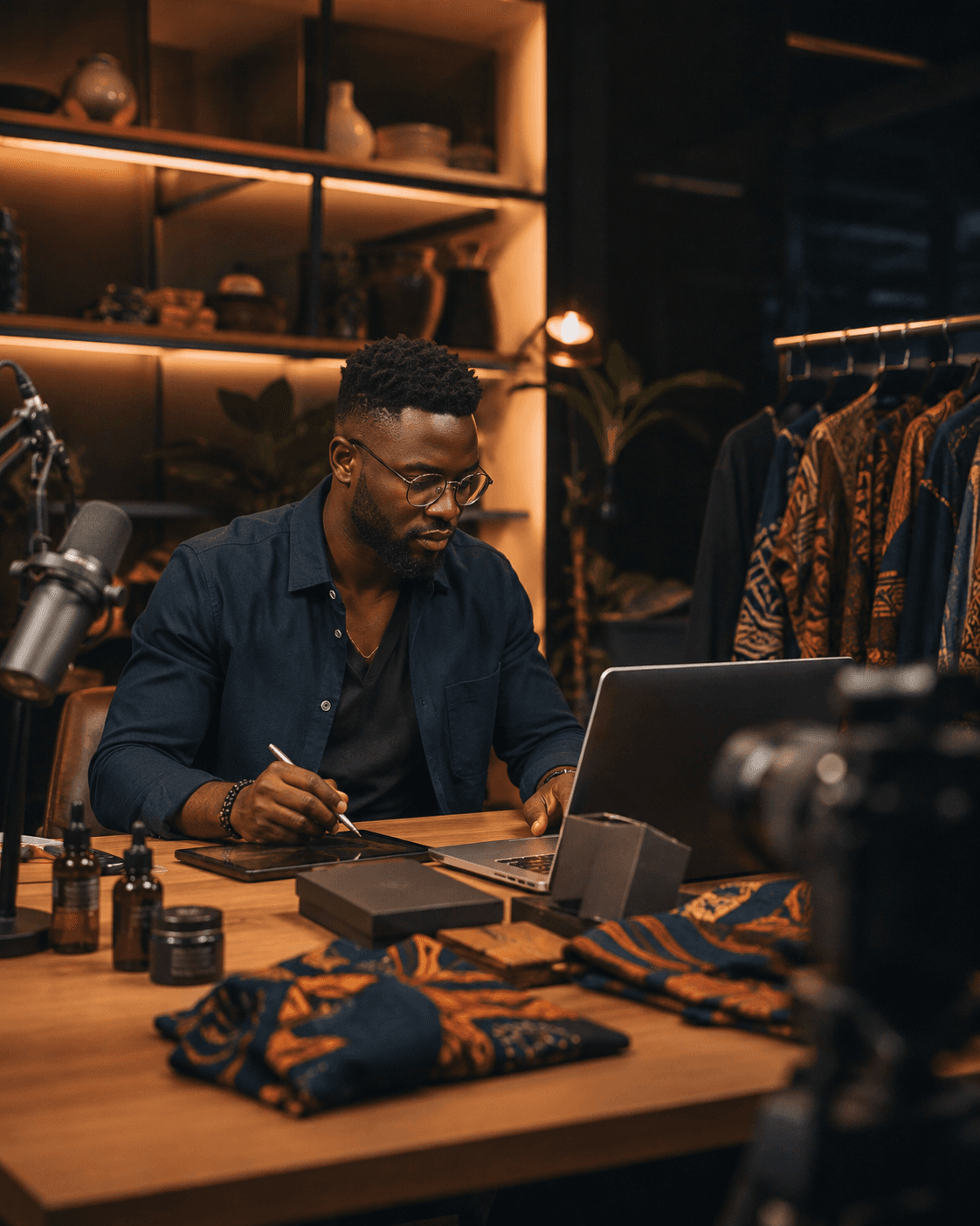 Black man in glasses using a laptop and tablet in a studio with patterned clothing.