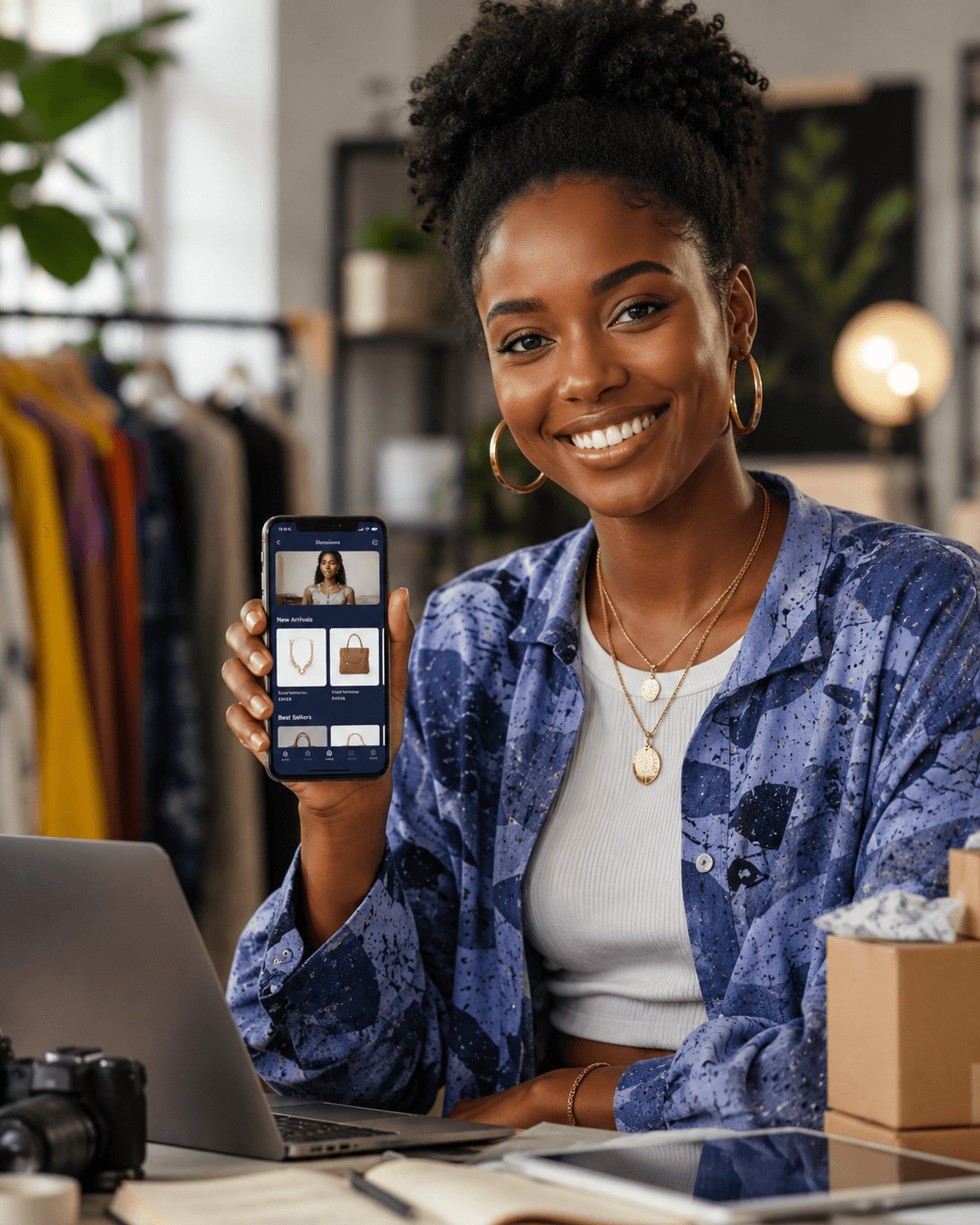 Smiling Black woman holds a smartphone displaying a fashion app in a home office setting.