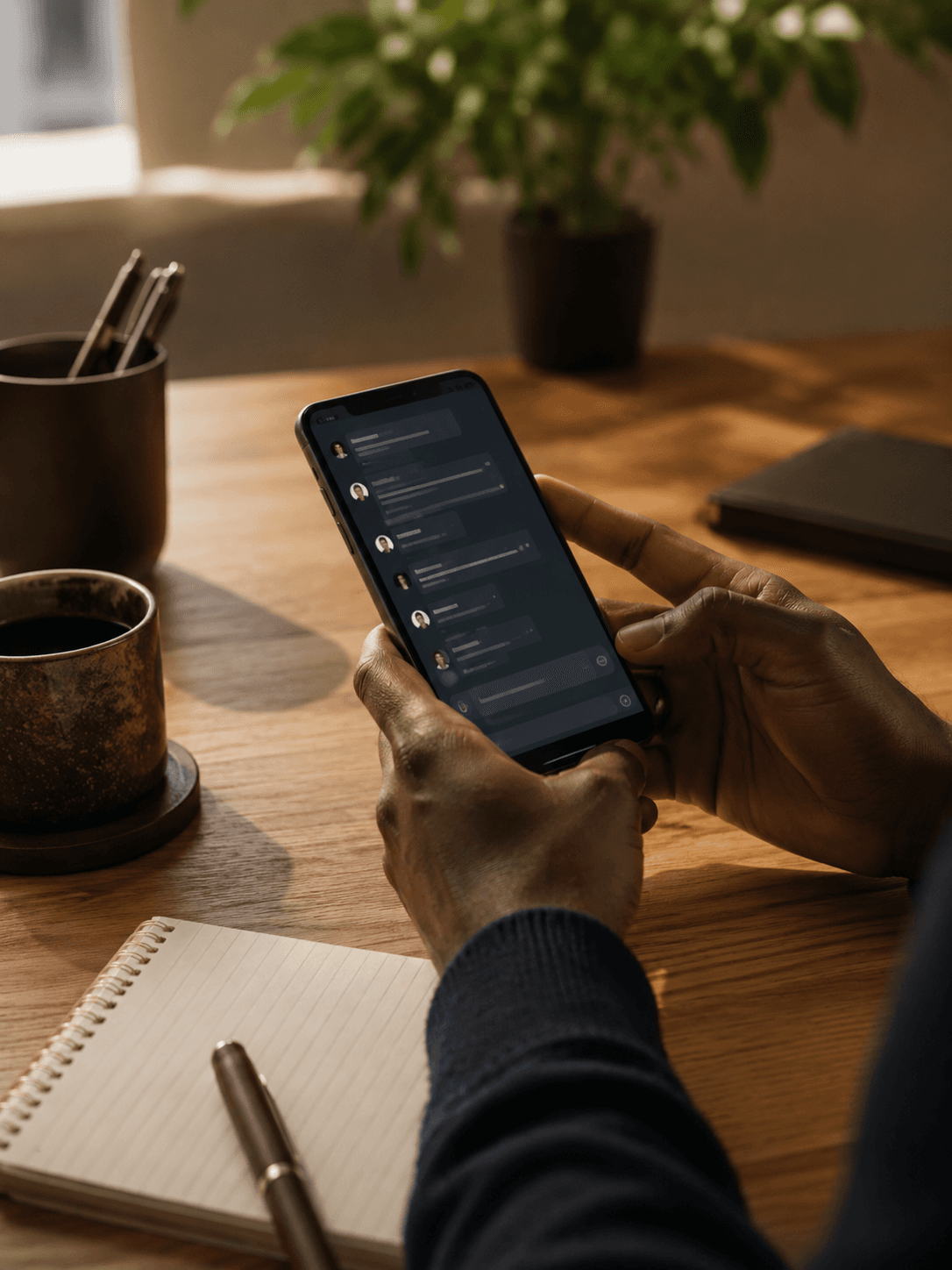 Close-up of hands using a smartphone messaging app at a wooden desk in natural light.