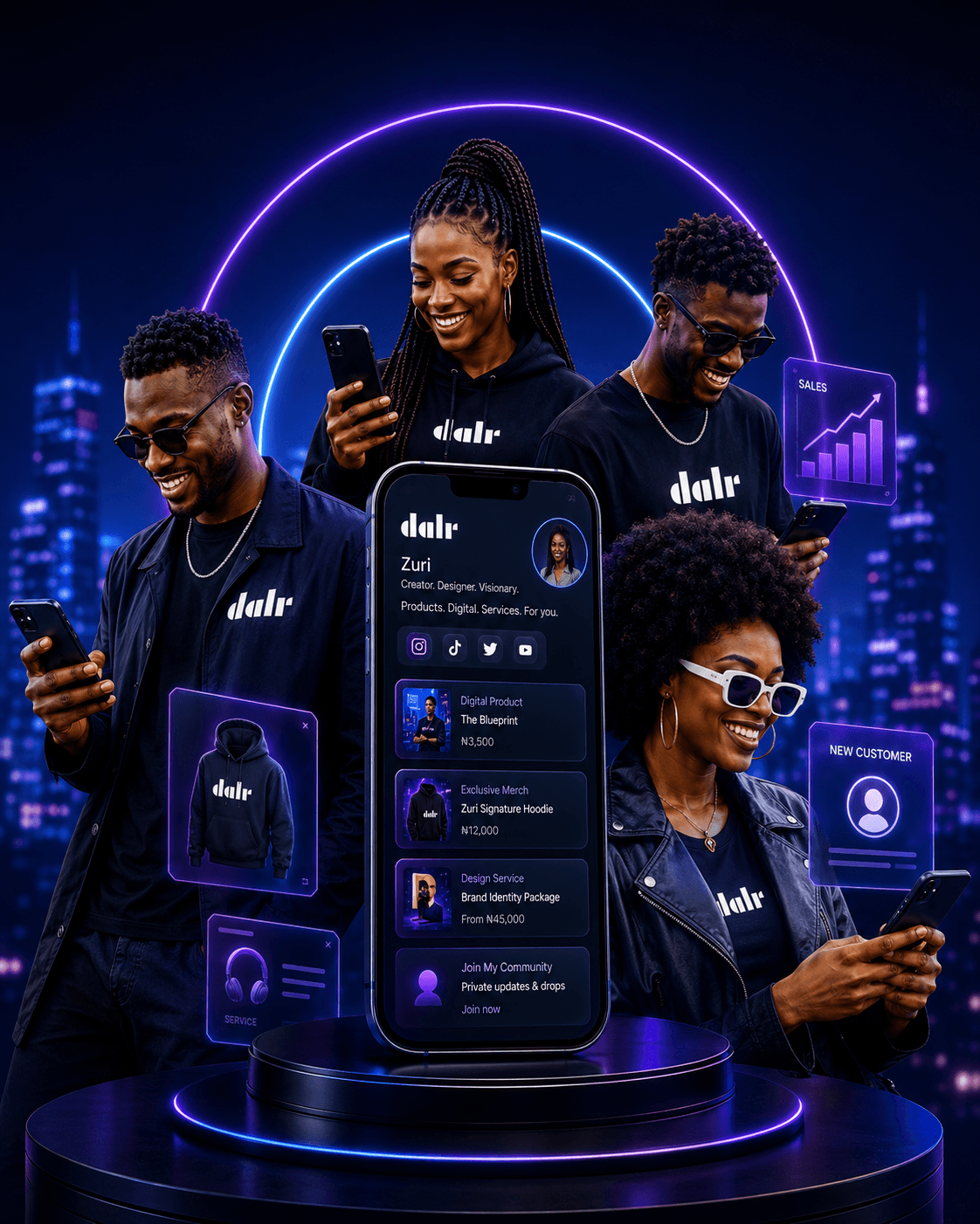 Four people using smartphones around a central dalr app interface with glowing holographic icons.